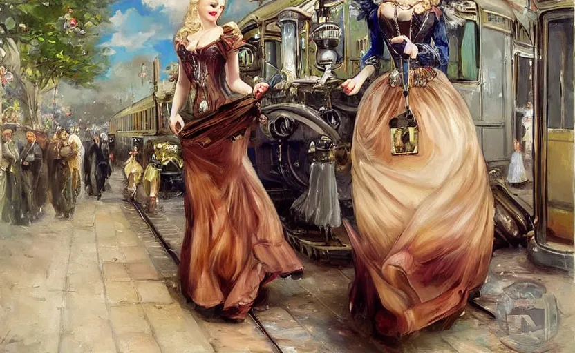 Prompt: A beautiful lady with blonde hair in a steampunk suit with a long skirt leaves the train of the Victorian era, by Konstantin Razumov, horror scene, highly detailded