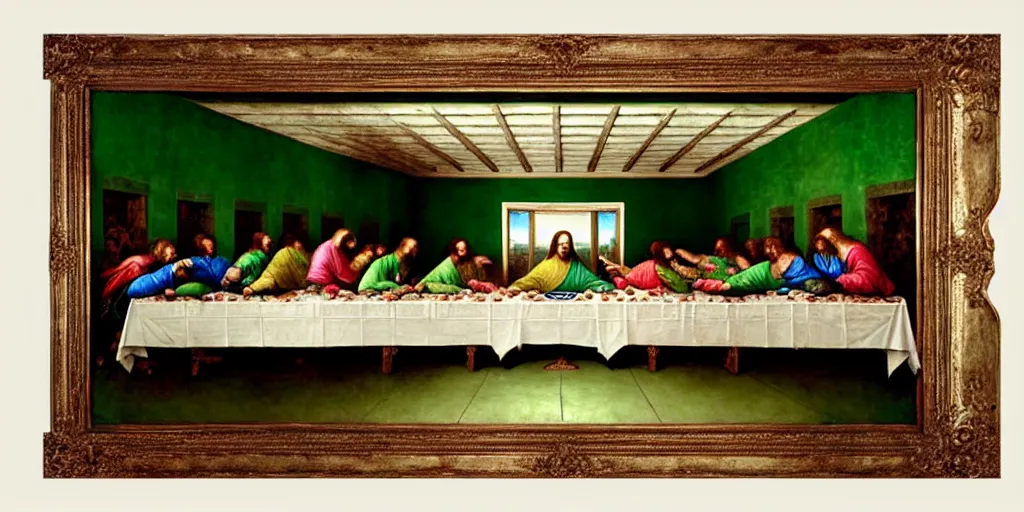 Image similar to the last supper with green sentient blobs, horror, painted by leonardo da vinci, greg rutkowski, artgerm, masterpiece, 4 k hyper realistic