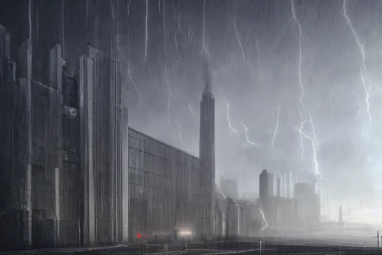 Prompt: a towering cathedral of brutalist architecture, metal, concrete, mist, rain, night, dramatic lighting, lightning bolt, trending on Artstation, 8k, highly realistic, hyper detailed, unreal engine 5, IMAX quality, realistic, cinematic, epic lighting, realistic, in the style of Greg Rutkowski