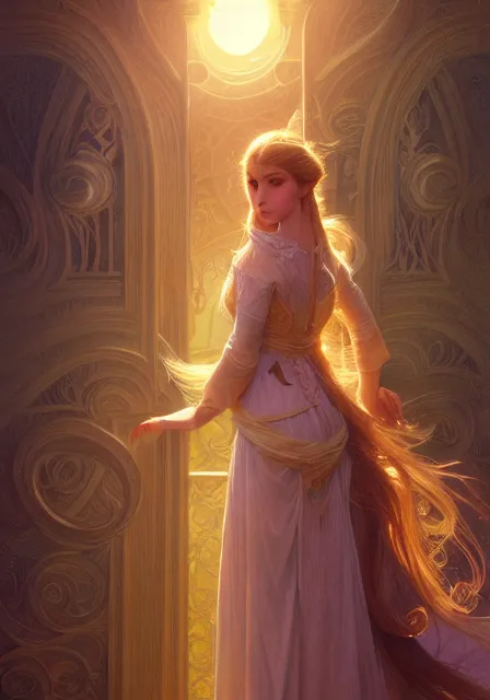 Prompt: rapunzel gold sun lights, intricate, elegant, highly detailed, digital painting, artstation, concept art, smooth, sharp focus, illustration, art by artgerm and greg rutkowski and alphonse mucha and william - adolphe bouguereau