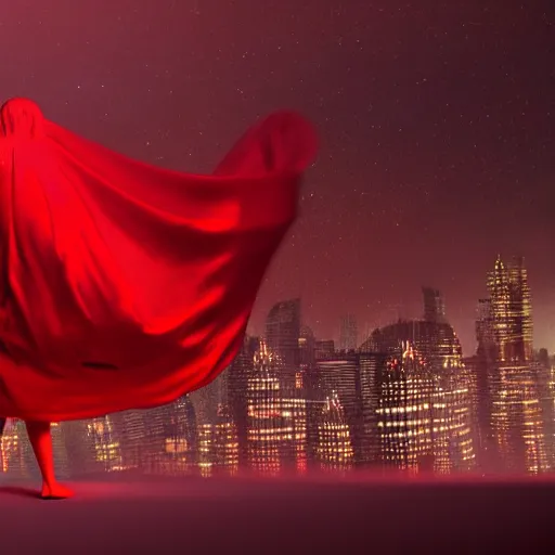 Prompt: a person enveloped in red silk cloth that blows in the wind stands in a dytopian highly detailed city at night, with volumetric lights in the distance. atmospheric light, rendering, octane, redshift
