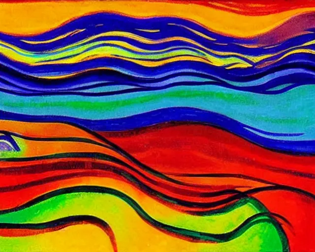 Image similar to Ocean waves in a psychedelic dream world. DMT. Curving rivers. Landscape painting by Edvard Munch. Peter Max.