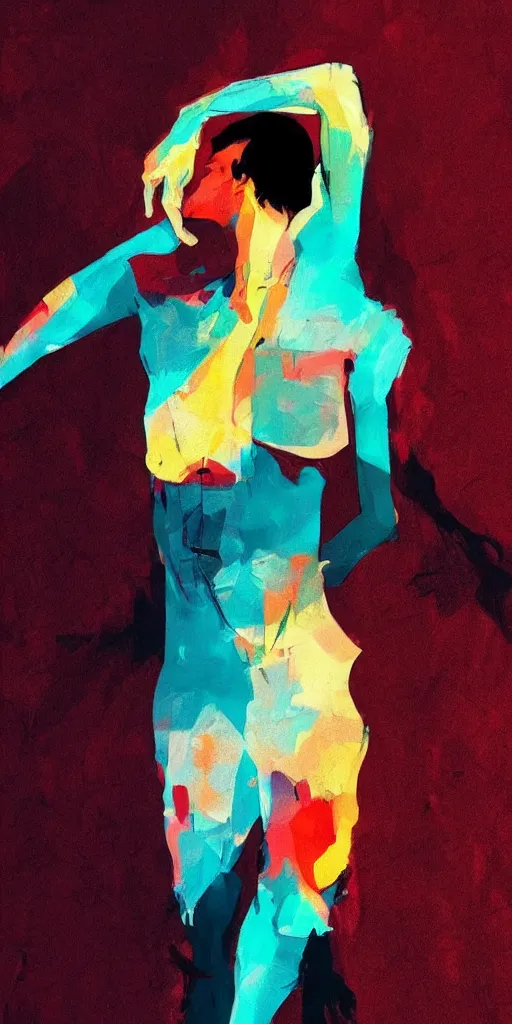 Image similar to closeup, very few thick long paint brush strokes, abstract depiction of the physique of one!!! very thin athletic man posing dramatically, closeup, matte colors, conrad roset, dark abstract background, abstract painting trending on artstation