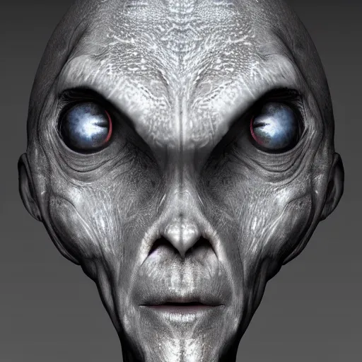 Image similar to photorealistic portrait of grey alien, big black eyes, complex lighting, highly detailed, 4 k