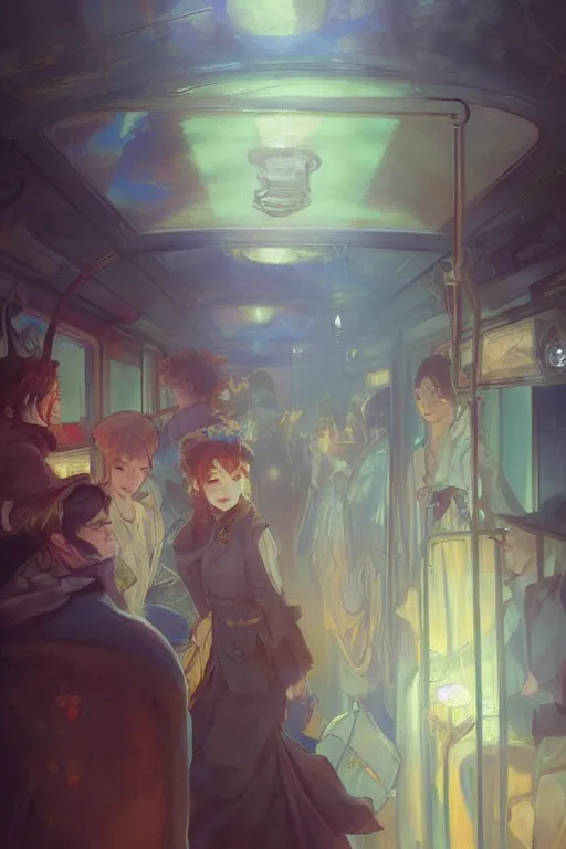 Prompt: inside the train, night, lamplight, shimmering and prismatic, rococo, by krenz cushart and mucha and monet, trending on artstation.