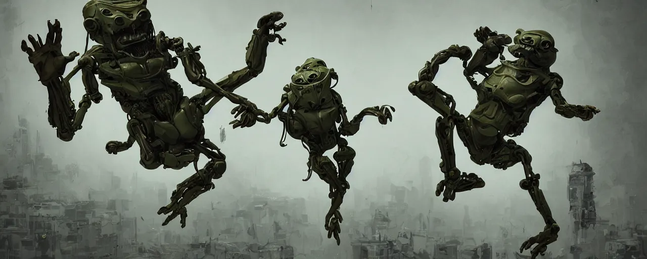 Image similar to duotone olive green grey illustration 3 / 4 portrait of gollum doing kunfu air kicks and fighting with boston dynamics robots. dynamic chaotic composition accidental renaissance golden ratio. by sachin teng and sergey kolesov and ruan jia and heng z. graffiti art, scifi, fantasy, hyper detailed. octane render. concept art. trending on artstation
