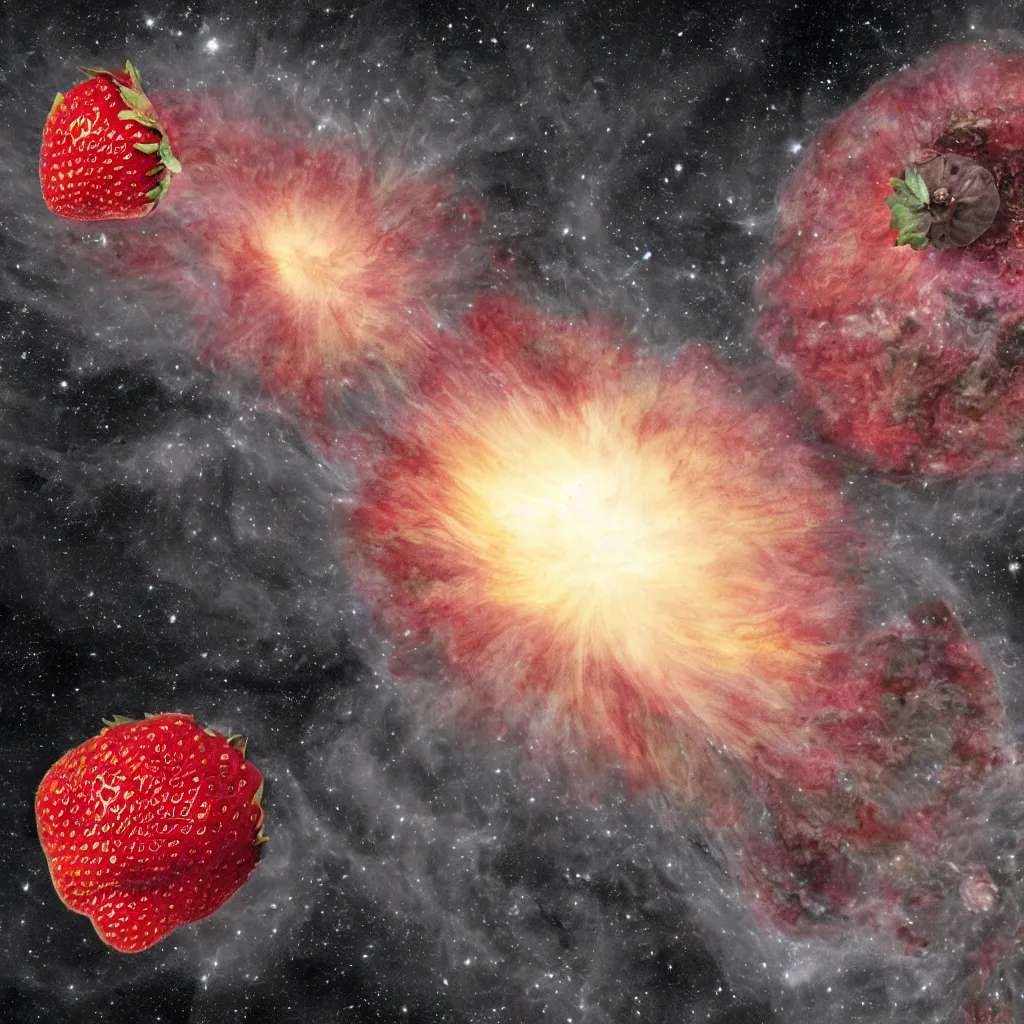 Prompt: a peach-like neutron star is bursting and throwing strawberry to all around