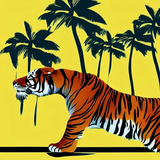 Image similar to woman walking with backdrop showing the sky, palm trees. the tiger has sharp claws and teeth. in minimal colourful geometric illustration style digital painting