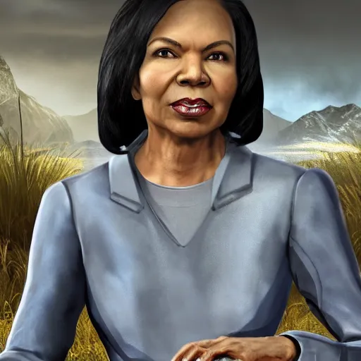 Prompt: Condoleezza Rice in Skyrim as a dictator, game screenshot