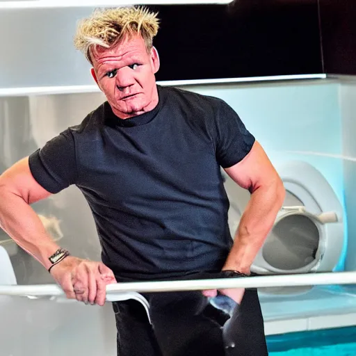 Image similar to gordon ramsay pissed off that his toilet broke, 8k, dramatic scene