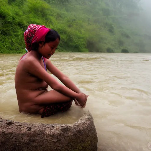 Prompt: a village girl from nepal, taking a bath in the river, early foggy morning, sunlight coming through