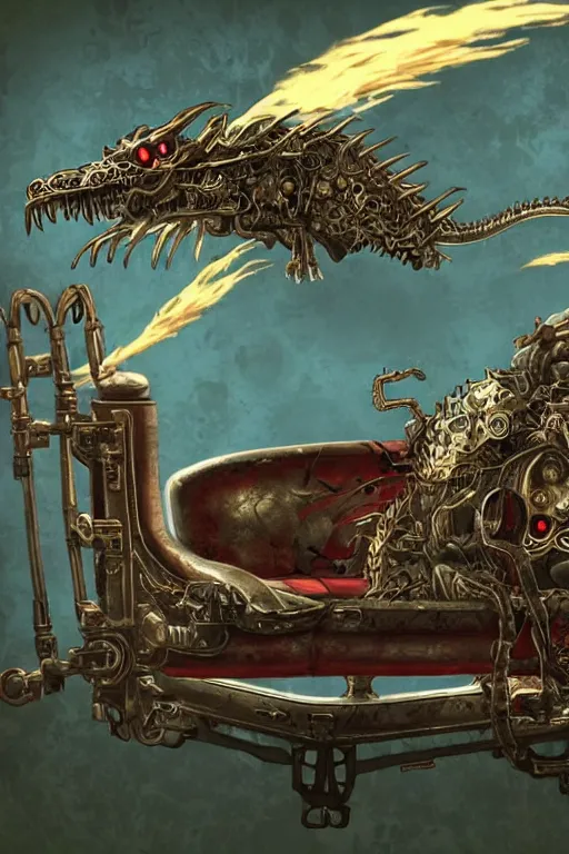 Image similar to anime style movie illustration, old sick gold and crimsoned scaled asian dragon on a steam punk couch with wires and gears and steam punk apparatus, artstation, matte painting, style of studio ghibli, featured in artstation and artgerm and pixiv, award winning, cinematic, elegant, intricate, 8 k