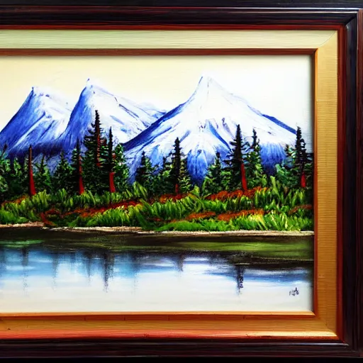 Image similar to Bob-Ross-Style-Landscape-Painting of a huge mountain and pine trees