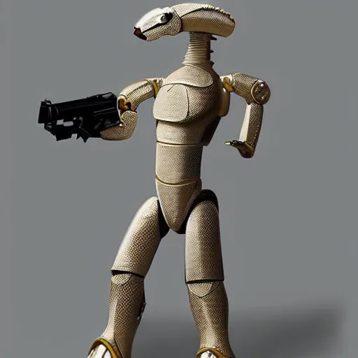 Prompt: a white and gold robotic pangolin standing on two legs holding a blaster pistol, highly detailed, sci Fi concept art