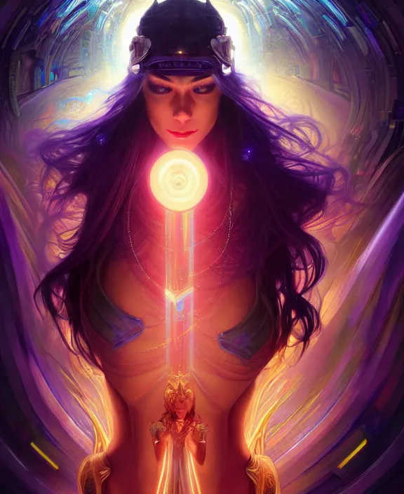 Image similar to a whirlwind of souls rushing inside the metaverse, half body, glowin eyes, tiara with sapphire, pharaoh, android, cyberpunk, d & d, fantasy, intricate, elegant, highly detailed, colorful, vivid color, digital painting, artstation, concept art, art by artgerm and greg rutkowski and alphonse mucha and ruan jia