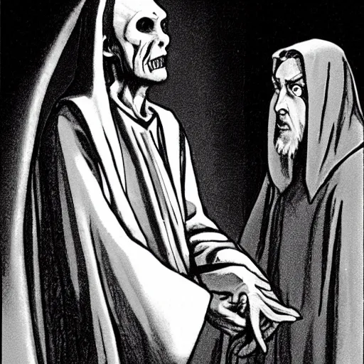 Prompt: jesus in white robes is standing behind nosferatu, about to sink his sharp teeth into nosferatu's neck. nosferatu has a halo over his head