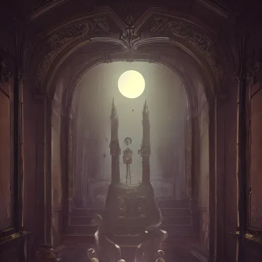 Prompt: a haunted mansion lit by the light from the full moon, symmetrical, dark, evil, demonic, angelic, environment concept, trending on artstation, cgsociety, moody lighting, cinematic lighting, intricate details, hyperealistic, photo realism, cinematic lighting