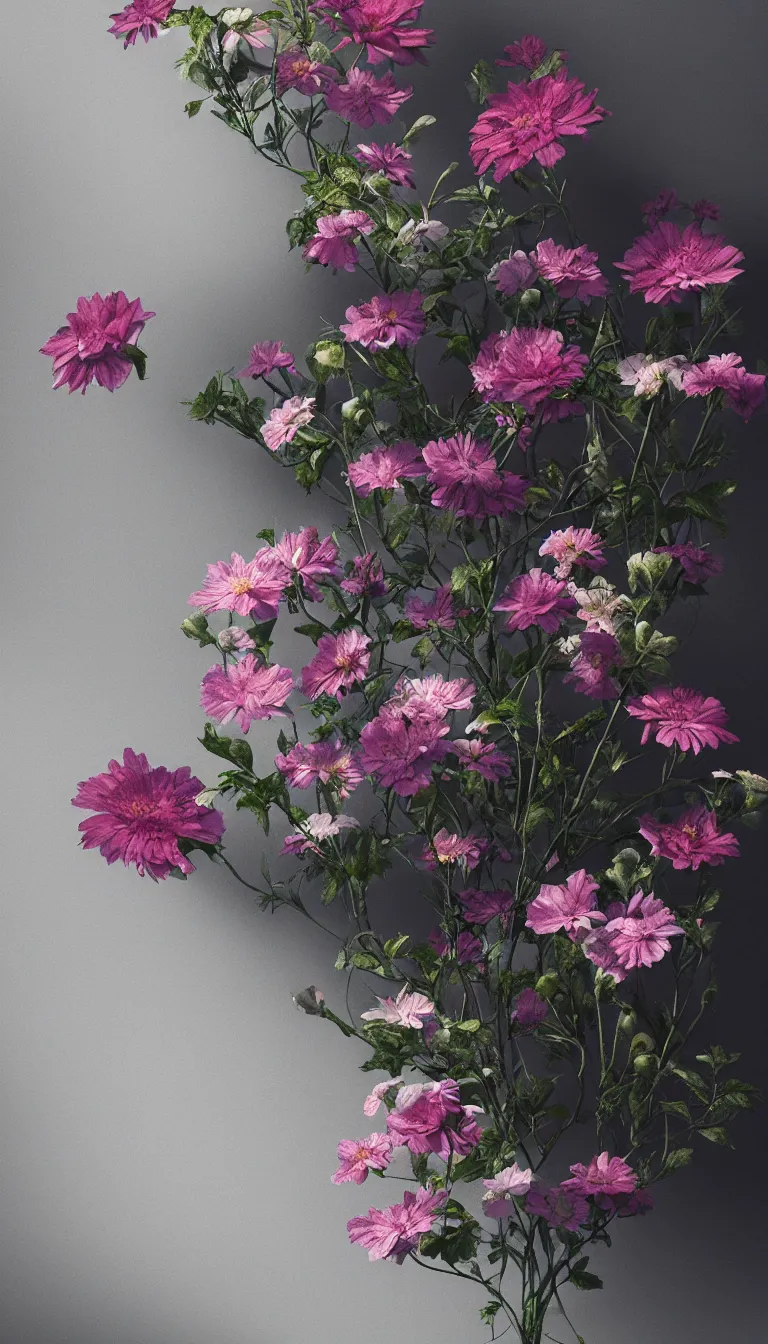 Prompt: beautiful different types of flowers, volumetric dramatic light, dark black background, sharp focus, highly realistic, octane render, art by greg rutsowski