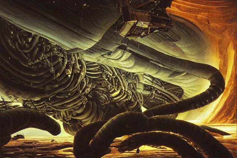 Prompt: hyperrealism oil painting, complete darkness, giant worms in alien movie high detailed spaceship interior, soft light, in style of classicism mixed with 8 0 s japanese sci - fi books art