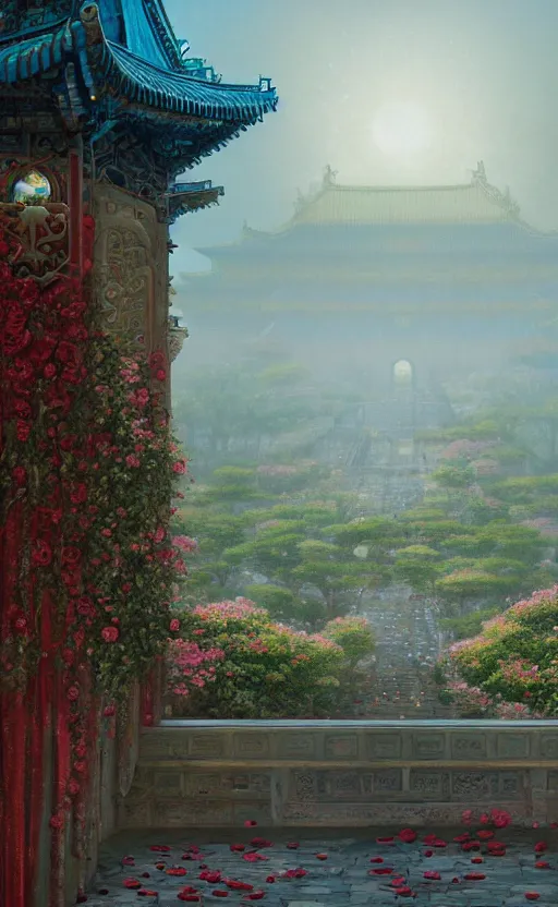 Image similar to vanishing point, palace covered with aqua blue roses like the forbidden city in distance at the red rose royal manor, viewed from afar, stephen bliss, misty, unreal engine, fantasy art by greg rutkowski, loish, ferdinand knab, and lois van rossdraws,, global illumination, radiant light, minimalist, detailed and intricate environment