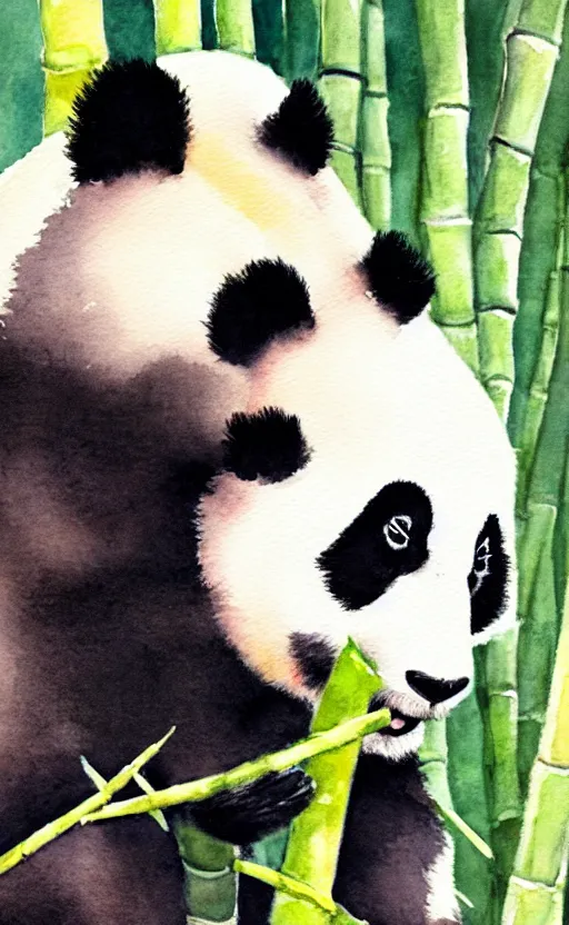 Image similar to a watercolor painting of a panda eating bamboo, dynamic lighting, photorealistic, ambient lighting, atmospherical, stunning visuals, trending on art station