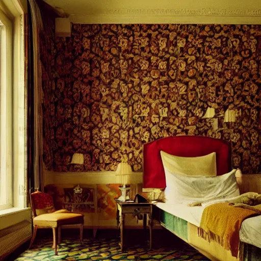 Image similar to a lonely girl in a liminal hotel room, baroque wallpaper, film still by wes anderson, depicted by balthus, limited color palette, very intricate, art nouveau, highly detailed, lights by hopper, soft pastel colors, minimalist