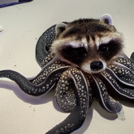 Prompt: photo of an octopus that looks like a raccoon