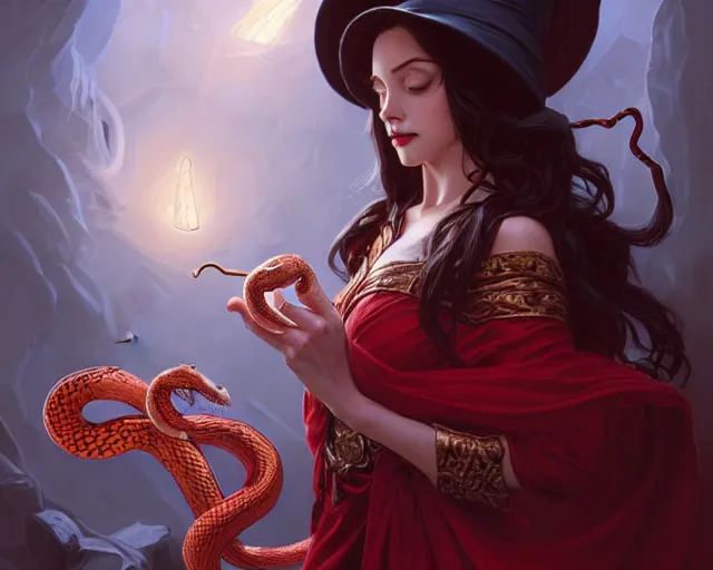 Image similar to red hat wizard woman with snakes in her dark hair, hydra, deep focus, d & d, fantasy, intricate, elegant, highly detailed, digital painting, artstation, concept art, matte, sharp focus, illustration, hearthstone, art by artgerm and greg rutkowski and alphonse mucha