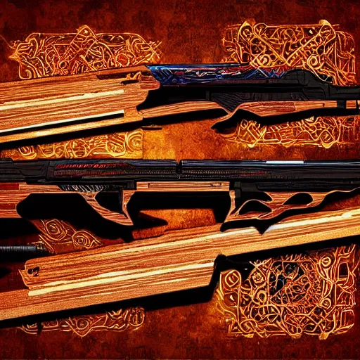 Image similar to a magic shotgun made out of wood, glowing in power, digital art, intricate details, professional