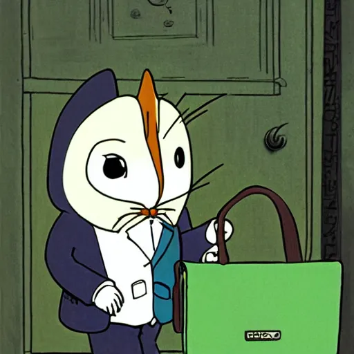 Image similar to barn owl in a black suit wearing an office bag going to the office,drawn by Hayao Miyazaki and Beatrix Potter, highly detailed,anime, anime shot,anime colours, inspired by my neighbor totoro 1988