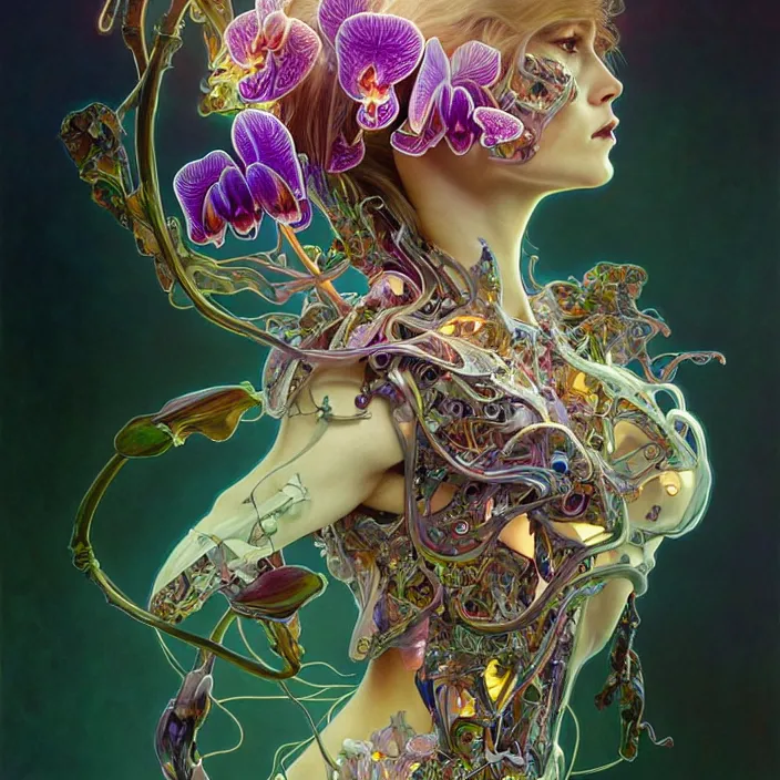 Image similar to partially deconstructed psychedelic organic cyborg orchid, diffuse lighting, fantasy, intricate, elegant, highly detailed, lifelike, photorealistic, digital painting, artstation, illustration, concept art, smooth, sharp focus, art by John Collier and Albert Aublet and Krenz Cushart and Artem Demura and Alphonse Mucha