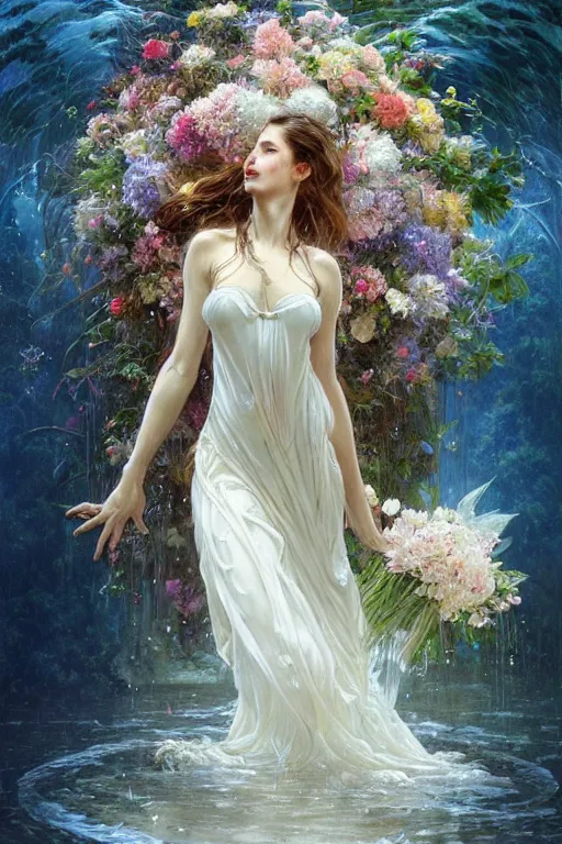 Prompt: portrait of a beautiful woman wearing a white dress, holding a bouquet of flowing flowers, drenched body, wet dripping hair, emerging from the water, fantasy, regal, fractal crystal, fractal gems, by stanley artgerm lau, greg rutkowski, thomas kindkade, alphonse mucha, loish, norman rockwell