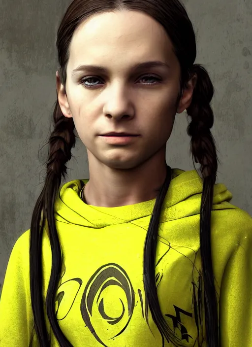 Image similar to An epic fantasy comic book style portrait painting of a young feminine boy, green eyes, fair skin, long brown hair worn in two pigtails, his left pigtail is shorter than the right pigtail, yellow hoodie with a grey undershirt, unreal 5, DAZ, hyperrealistic, octane render, cosplay, RPG portrait, dynamic lighting