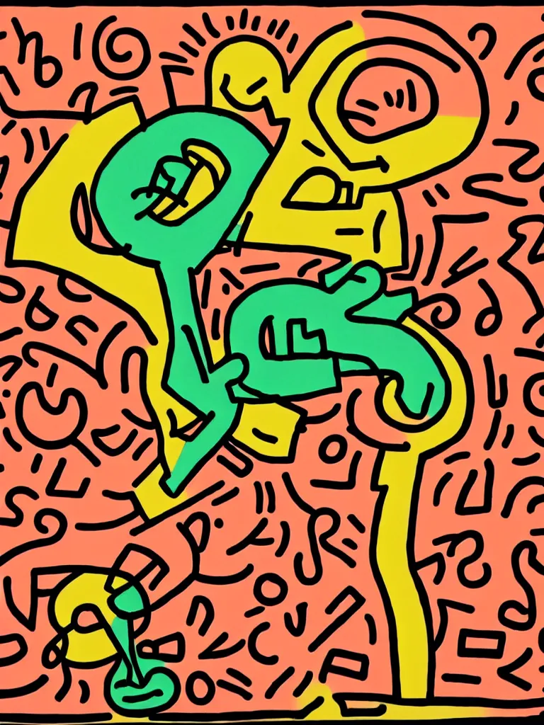 Prompt: minimal acorn that turns into a tree in the shape of a treble clef, a big rip down the middle, splashes of color, inspirational and powerful, clear high resolution acorn and tree, keith haring