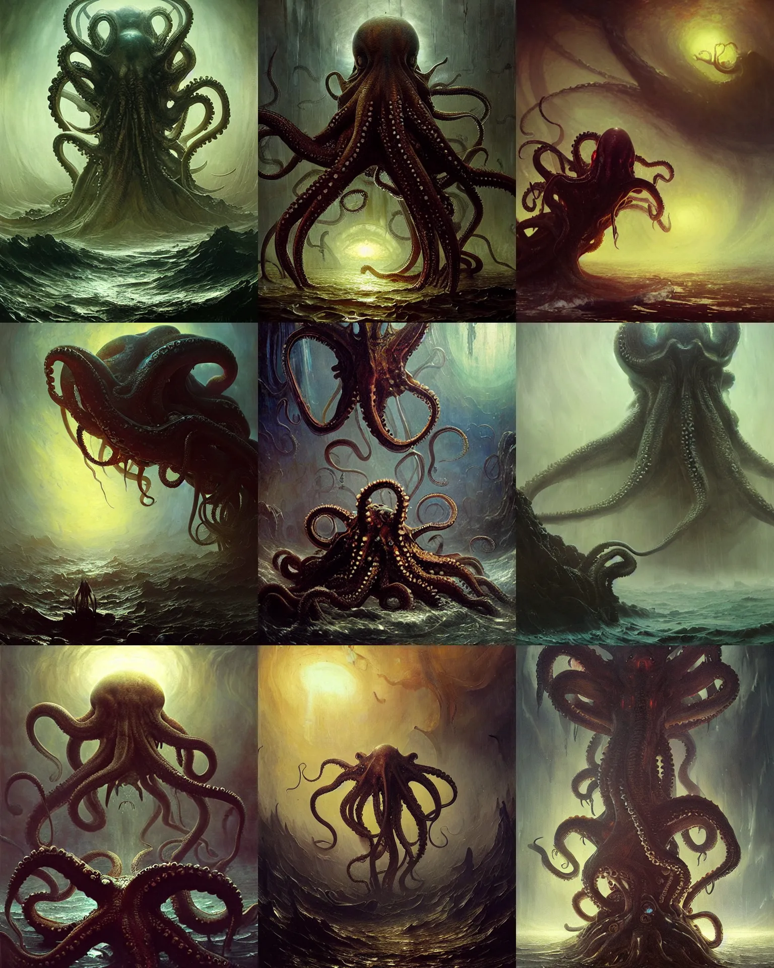 Prompt: inconceivable otherworldly octopus alien rising from a mental landscape, epic painting by greg rutkowski, craig mullens, bosch, jmw turner, dore, ilya repin. elder god lovecraft mythology