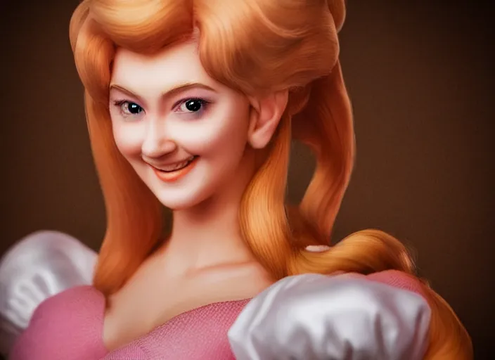 Prompt: a closeup, 4 5 mm, detailed photograph hyper realistic princess peach portrait, with a seductive smile, beautiful low light, 4 5 mm, by franz lanting