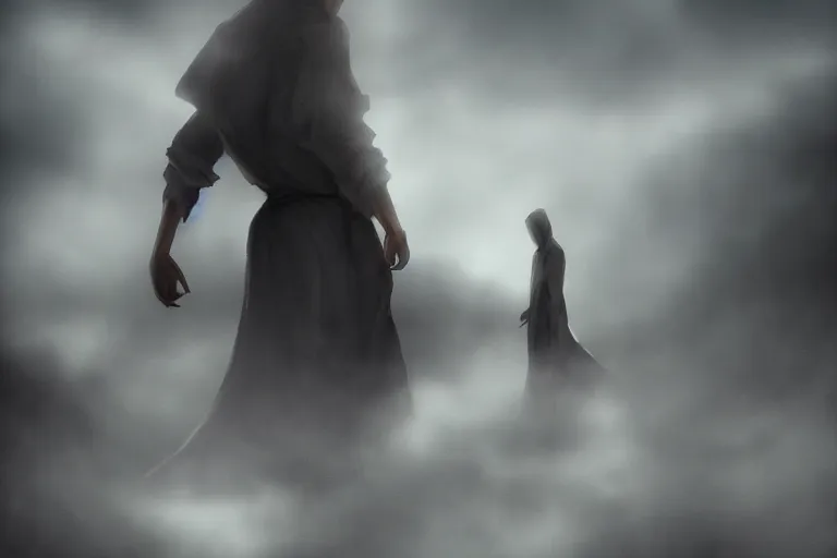 Prompt: a long shot of a thief wearing robe standing in fog the style of attack on titans, anime, detailed, gloomy, horror, scary, doom, terrifying, frightful, digital art, cinematic lighting, ambient lighting, smoke fog,