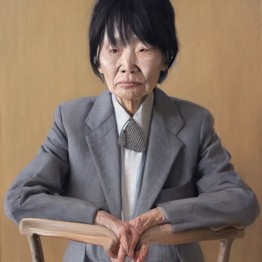 Image similar to portrait of an elderly Japanese woman dressed on a suit and tie, her gray hair in a tight bun, a serious expression on her face, oil on canvas, elegant pose, masterpiece, Jonathan Yeo painting