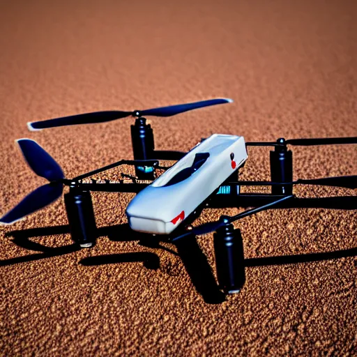 Prompt: 3d printer drone with giant extrusion nozzle in the australian desert, XF IQ4, 150MP, 50mm, F1.4, ISO 200, 1/160s, dawn