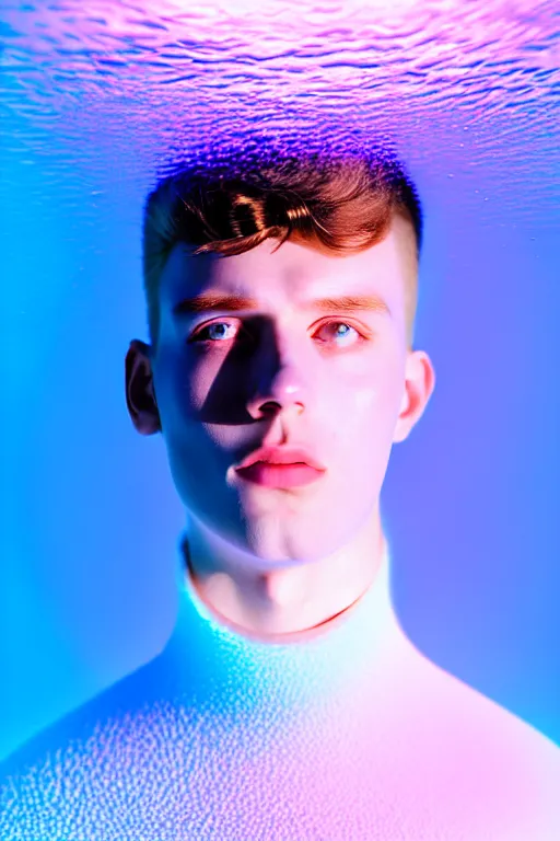 Image similar to high quality pastel coloured film mid angle portrait photograph of a beautiful young 2 0 year old male, soft features, short hair, perspex mask and oversized inflated clothing!!!! icelandic black! rock pool environment. atmospheric three point light. photographic. art directed. ( pastel colours ). volumetric. clearcoat. waves. 8 k. filmic.