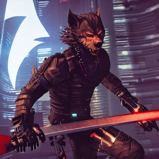 Image similar to cyberpunk wolfman holding a katana and jumping into action, tactical armor, action scene screenshot, unreal engine