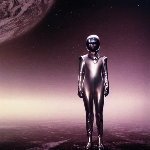 Image similar to 1 9 8 0 s sci - fi portrait photo, a woman wearing a dramatic silver foil and rubber hose spacesuit costume standing on a dark and mysterious alien planet, atmospheric fog, light beams, 4 k