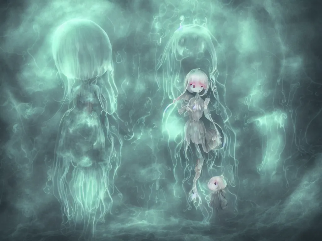 Image similar to cute fumo plush smiling ectoplasmic jellyfish ghost girl lingering in a mysterious concrete organic ruin, technicolor horror, chibi gothic maiden in tattered melting rags, glowing wisps of hazy green smoke and eerie blue volumetric fog swirling about, moonlight, glowing lens flare, vray