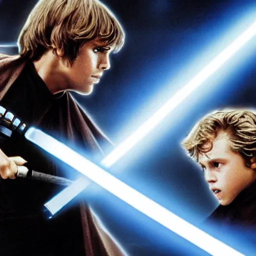 Prompt: luke skywalker fighting anakin skywalker, star wars, lightsaber