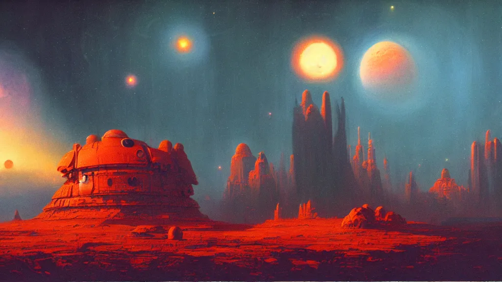 Prompt: mars empire by paul lehr and john schoenherr, cinematic matte painting