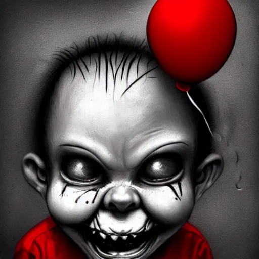 Image similar to surrealism grunge cartoon portrait sketch of chucky with a wide smile and a red balloon by - michael karcz, loony toons style, slender man style, horror theme, detailed, elegant, intricate