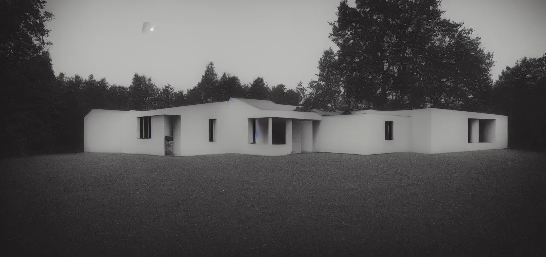 Prompt: minimalistic house in the wood, big moon, boy, artwork by Rene Magritte, night, pinhole analogue photo quality, monochrome, blur, unfocus, cinematic, 35mm