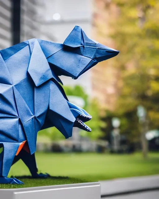 Image similar to high quality presentation photo of origami dinosaurs, photography 4k, f1.8 anamorphic, bokeh, 4k, Canon, Nikon