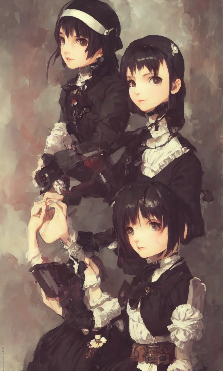 Image similar to a portrait of a cute young Victorian maid with black bob cut hair, steampunk setting, vivid colors, soft lighting, atmospheric, cinematic, moody, in the style of Ilya Kuvshinov and Range Murata, Krenz Cushart, oil on canvas, 8k