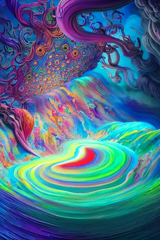 Image similar to flowing colorful prismatic liquid clouds opening portal to another dimension, dmt, psilocybin, lsd, detailed, intricate, elegant, highly detailed, digital painting, artstation, concept art, smooth, sharp focus, illustration, art by hana yata, and artem demura and beeple, octane render, unreal engine, 8 k